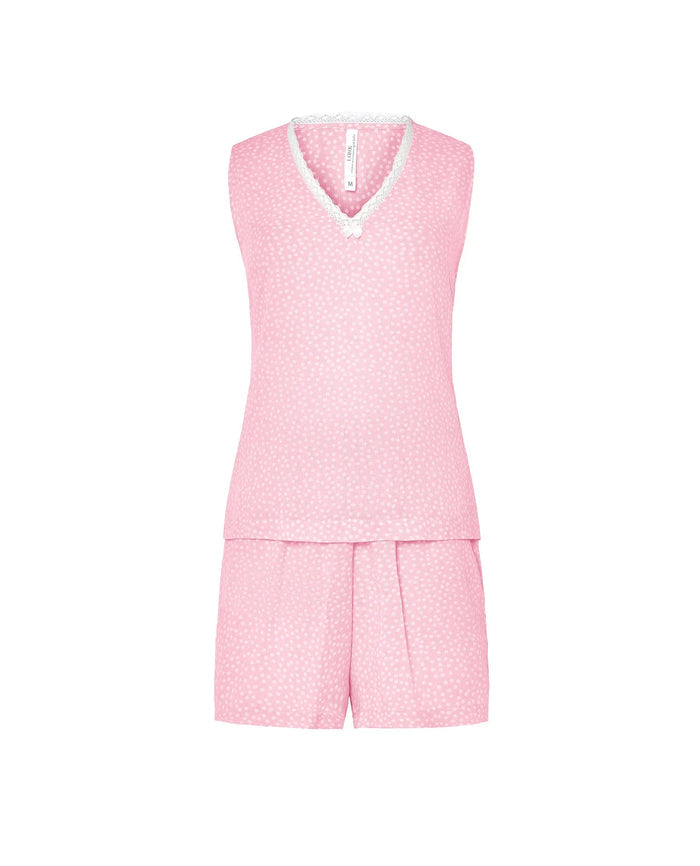 Pijama corto de mujer Lohe, tejido jacquard de viscosa estampado topitos, puntilla en cuello pico, sin mangas y pantalón corto.