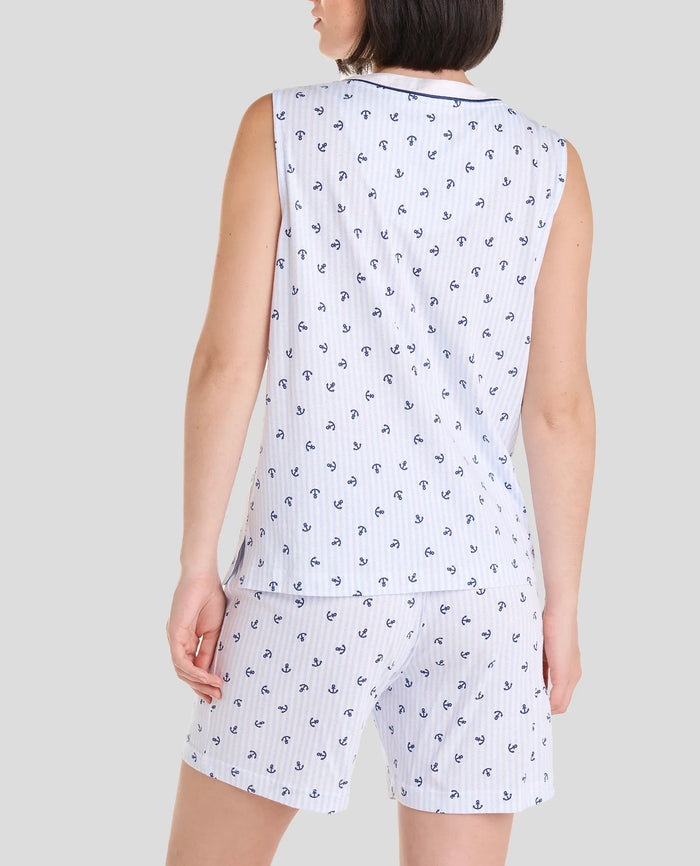 Pijama de mujer corto sin mangas veraniego estampado de anclas