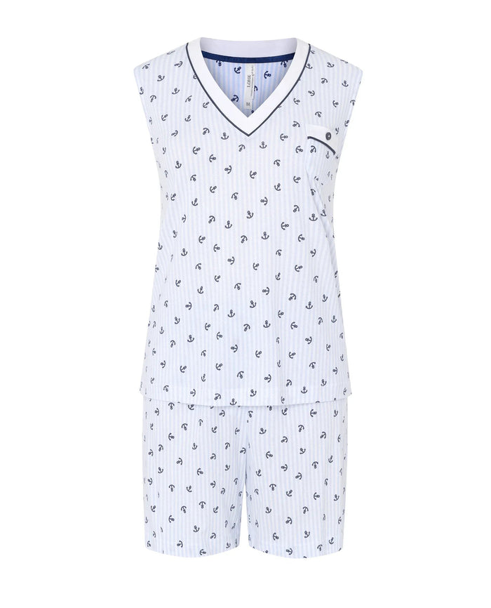 Pijama corto de mujer Lohe, de algodón y modal estampado anclas, cuello pico, sin mangas y pantalón corto.