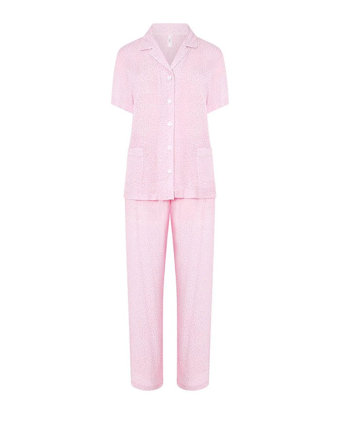 Pijama largo mujer viscosa rosa a lunares, abierta con botones y bolsillos, manga corta y pantalón largo