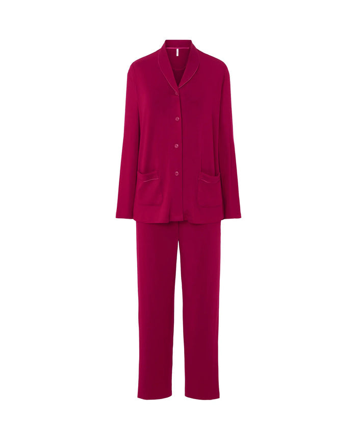 Pijama Lohe de mujer modal liso, abierto con botones, bolsillos de plastón, manga larga y pantalón largo.
