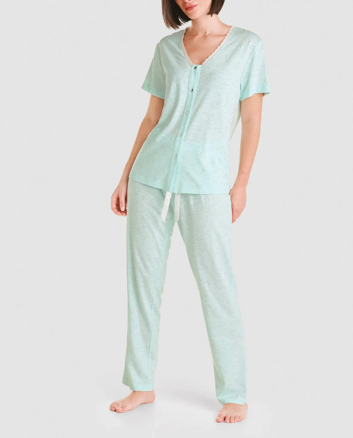 Pijama largo de mujer de manga corta para verano color verde detalles estampado plata
