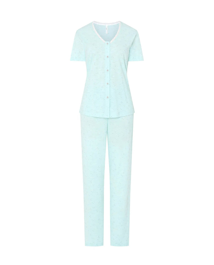 Pijama largo abierto con botones de manga corta con puntilla en escote en algodón y modal verde suave