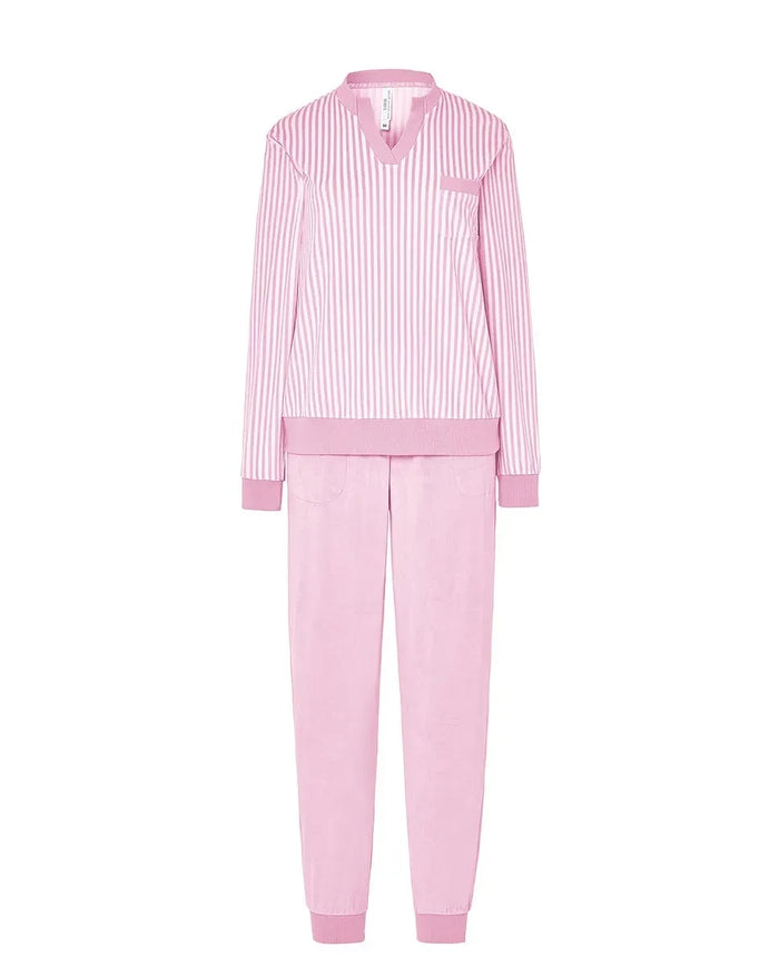 Pijama de invierno tejido micropolar de rayas rosas de manga larga y pantalón largo.