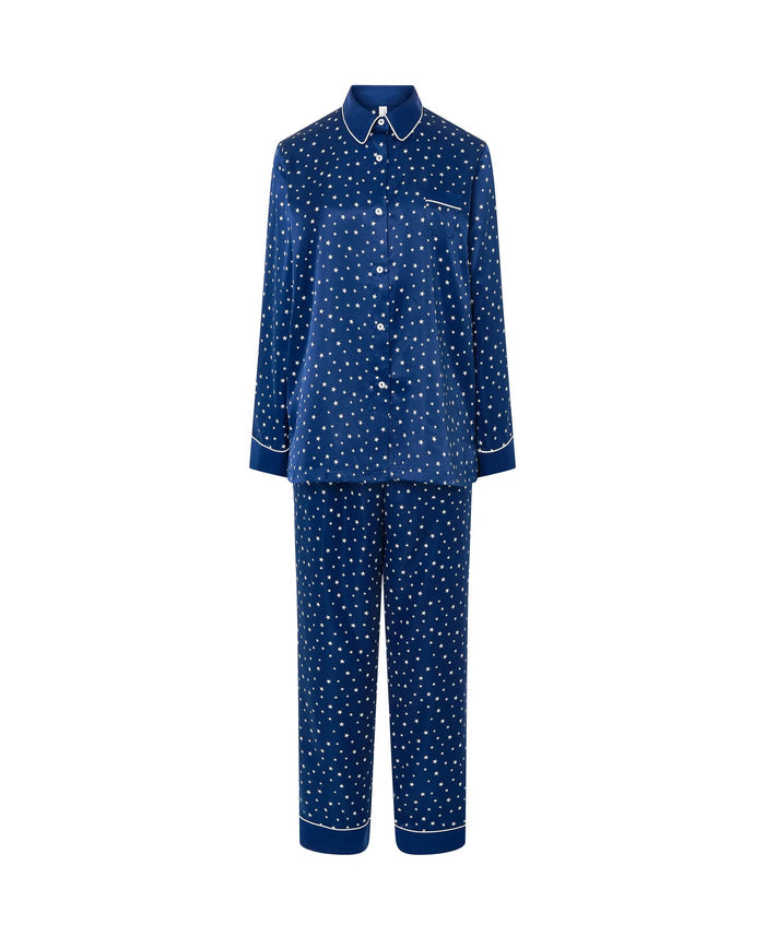 Pijama de mujer raso marino estampado de estrellas con chaqueta abierta con botones