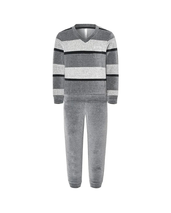 Pijama Lohe de niño terciopelo, parte superior de rayas con escote en pico, manga larga y pantalón largo liso.