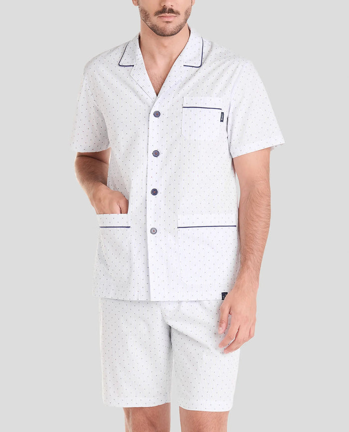 Pijama de verano para hombre chaqueta abierta manga corta plumeti y pantalón corto