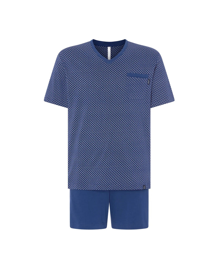Pijama veraniego corto para hombre estilo corbatero marino, cuello pico, bolsillo pecho