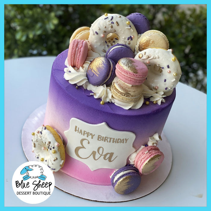 pink and purple donut macaron cake