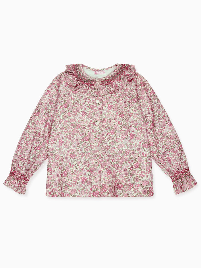 Pink Floral Emanuella Long Sleeve Girl Hand-Smocked Shirt