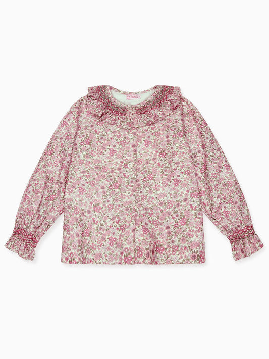 Pink Floral Emanuella Long Sleeve Girl Hand-Smocked Shirt