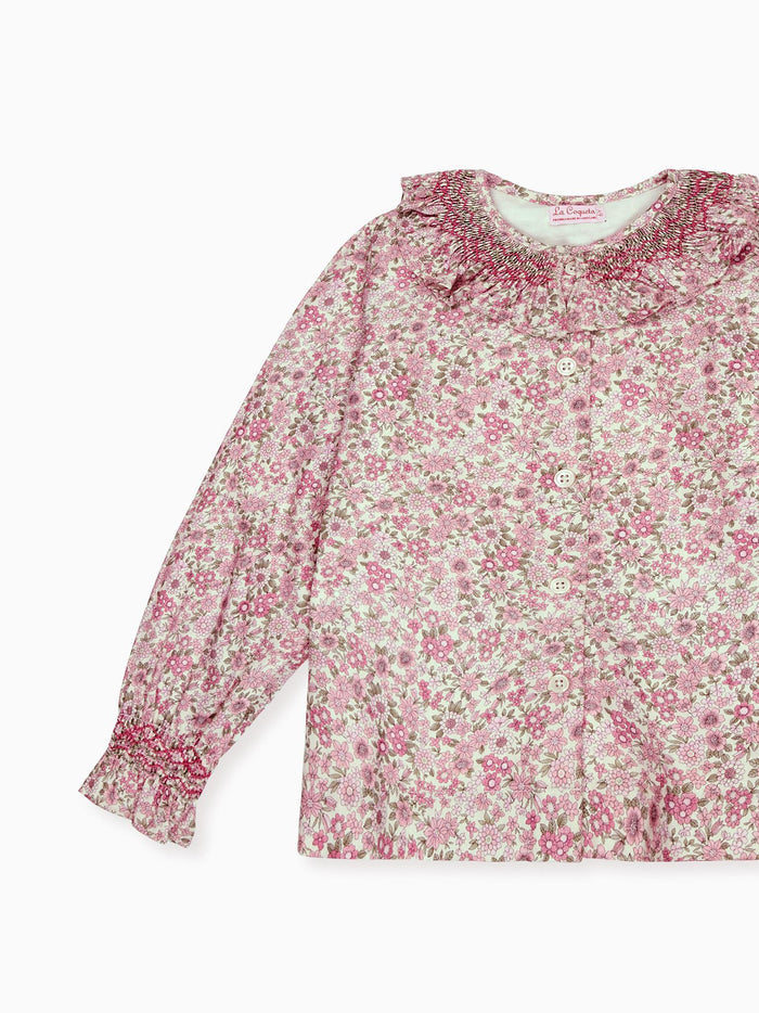 Pink Floral Emanuella Long Sleeve Girl Hand-Smocked Shirt
