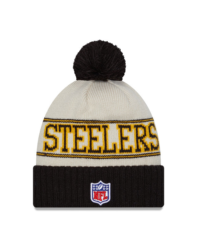 Pittsburgh Steelers New Era 2023 Sideline Historic Pom Cuffed Knit Hat - Cream/Bla