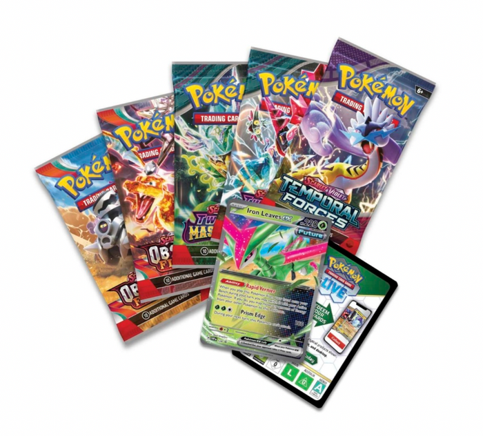 Pokémon TCG: Paradox Clash Tin (Iron Leaves ex, Walking Wake ex)