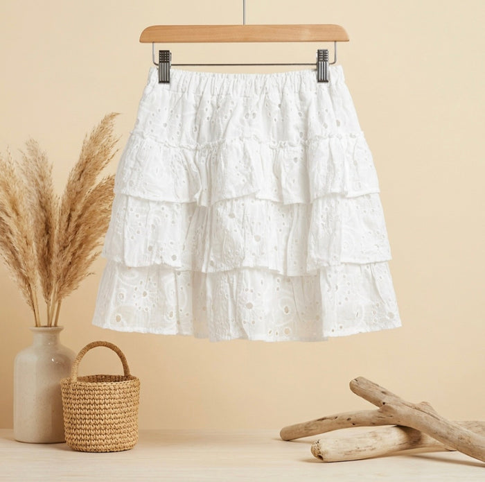 Ruffle Skirt-White-Cotton Broderie Anglaise