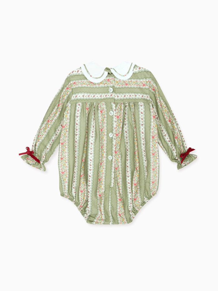 Sage Green Floral Stripe Senna Baby Girl Romper