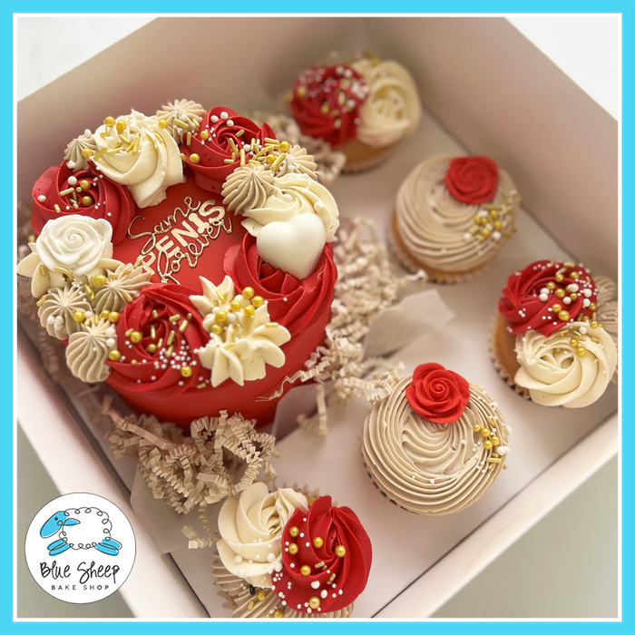 Red and ivory “Same Penis Forever” bachelorette bento cake with matching cupcakes in a gift box | Blue Sheep Bake Shop