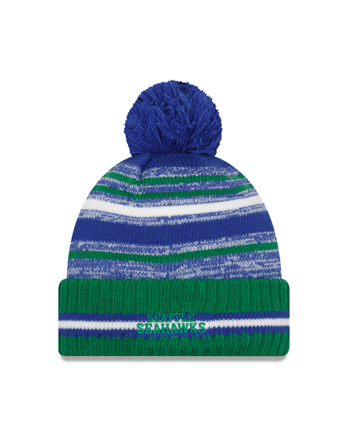 Seattle Seahawks Alt New Era 2021 NFL Sideline - Sport Official Pom Cuffed Knit Hat - Neon/Navy