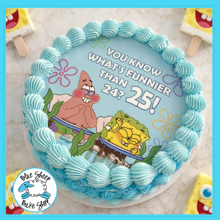 SpongeBob 25th birthday ice cream cake with Patrick and SpongeBob edible image and blue buttercream piping at Blue Sheep Bake Shop in Somerville NJ