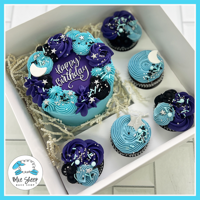 Galaxy-themed birthday bento cake with moon and star cupcakes in a gift box | Blue Sheep Bake Shop