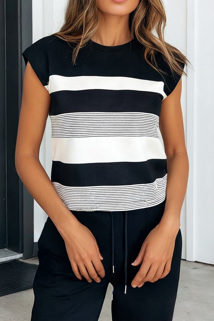Stripe Mixed Cap Sleeve T Shirt