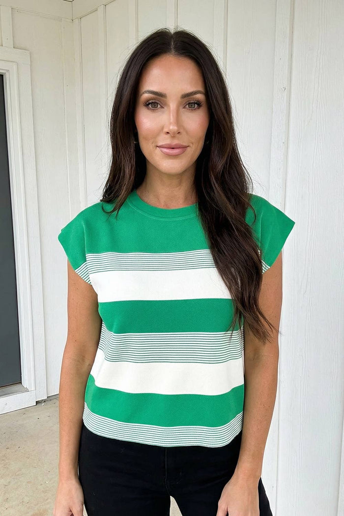 Stripe Mixed Cap Sleeve T Shirt