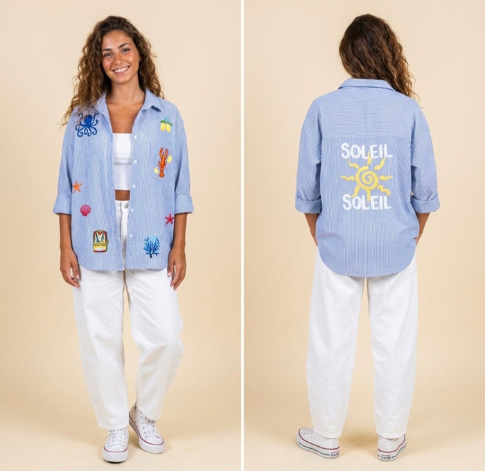 Stripey 100% Cotton EMBROIDERED Shirt-Marine-BLUE