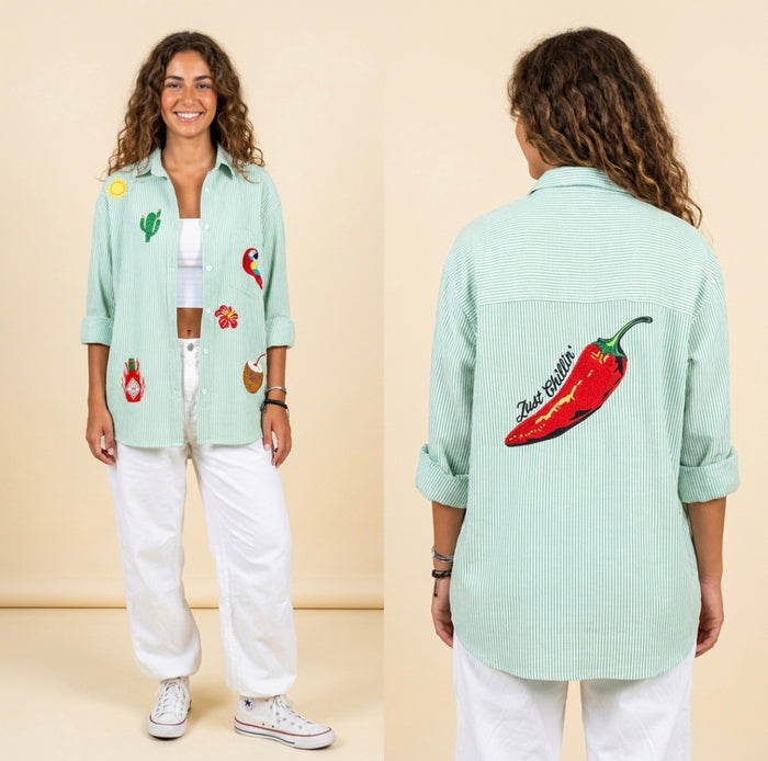 Stripey 100% Cotton EMBROIDERED Shirt-Mexico-GREEN