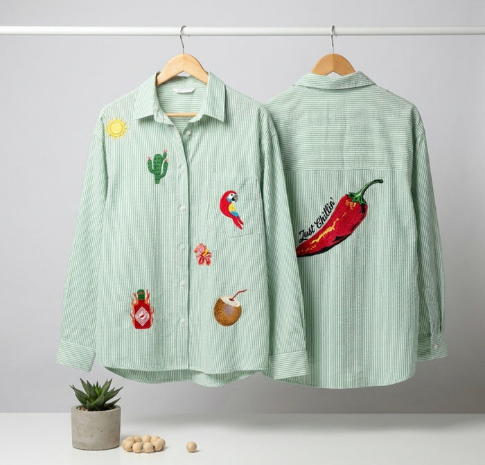 Stripey 100% Cotton EMBROIDERED Shirt-Mexico-GREEN