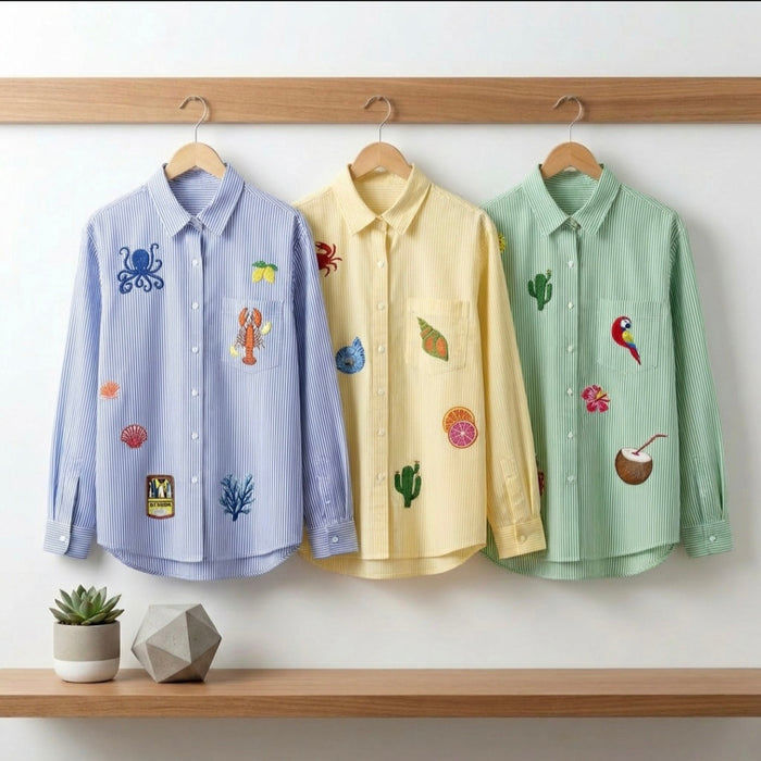 Stripey 100% Cotton EMBROIDERED Shirt-Mexico-GREEN