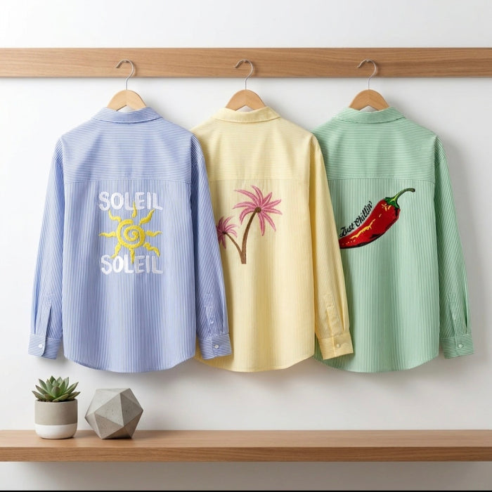 Stripey 100% Cotton EMBROIDERED Shirt-Mexico-GREEN