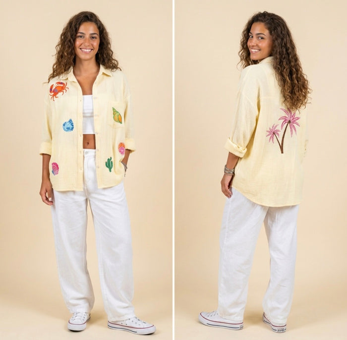 Stripey 100% Cotton EMBROIDERED Shirt-Seaside- YELLOW