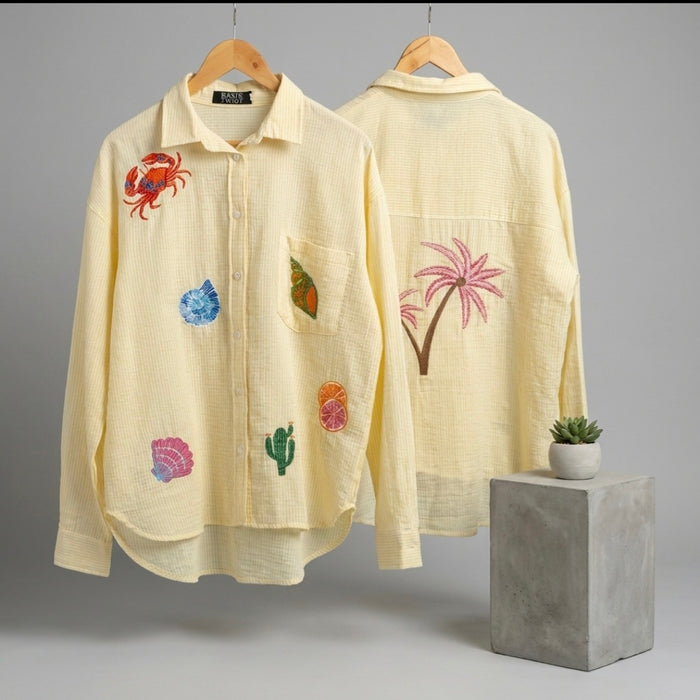 Stripey 100% Cotton EMBROIDERED Shirt-Seaside- YELLOW