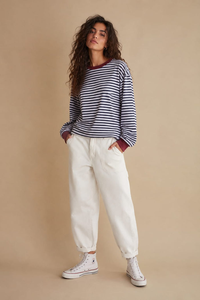 Stripey Summer Long Sleeved Tshirt-Navy & Burgundy