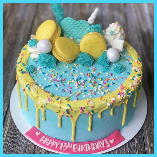 Teal and Yellow Ice Cream Drip Cake