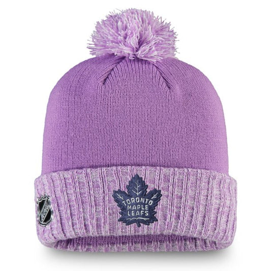 Toronto Maple Leafs 2020 Hockey Fights Cancer Fanatics Branded Heather Purple Cuffed Pom Knit Hat