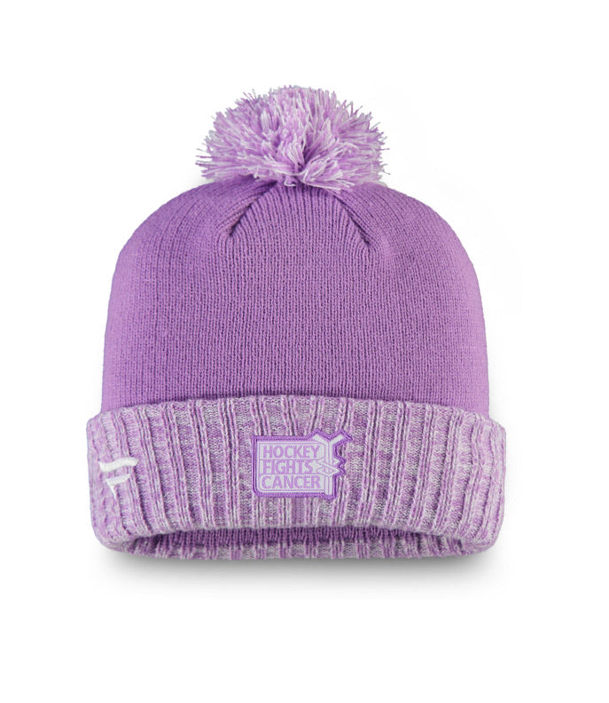 Toronto Maple Leafs 2020 Hockey Fights Cancer Fanatics Branded Heather Purple Cuffed Pom Knit Hat
