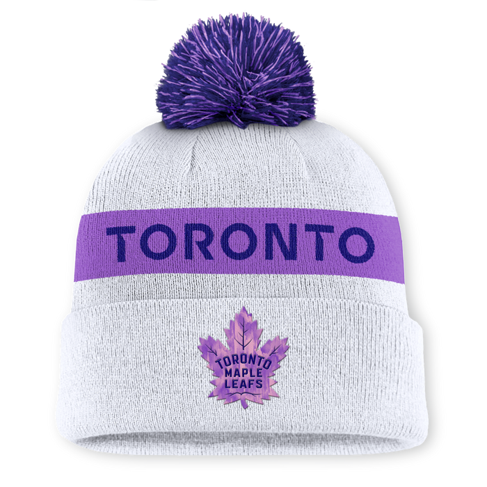 Toronto Maple Leafs 2024 Hockey Fights Cancer Cuffed Knit Pom Toque