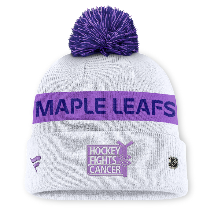 Toronto Maple Leafs 2024 Hockey Fights Cancer Cuffed Knit Pom Toque