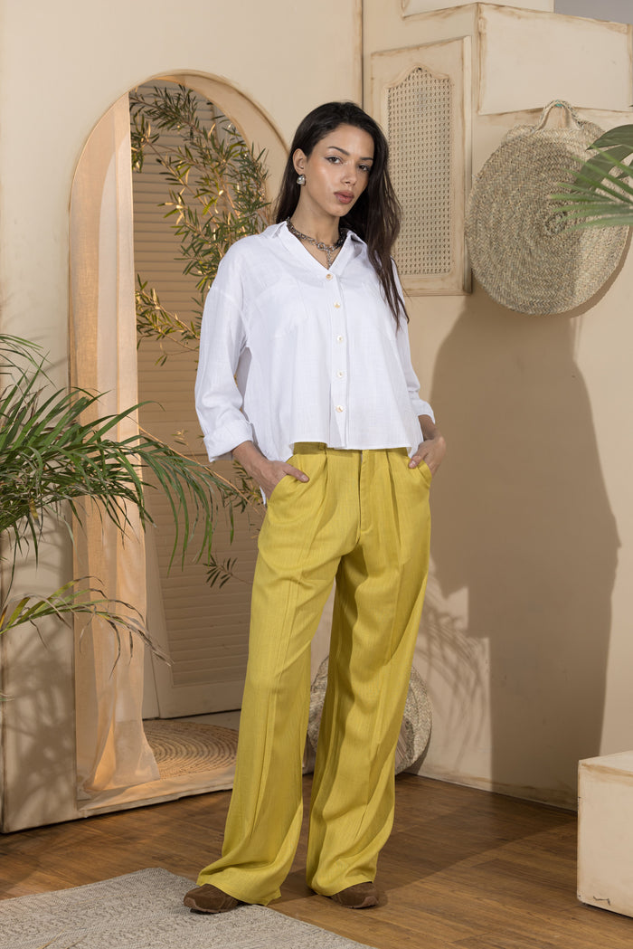 Trousers- Women's Linen Pleated Pants-Yellow