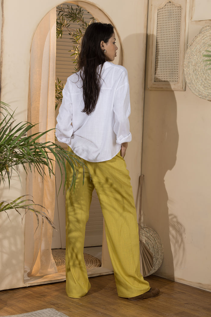 Trousers- Women's Linen Pleated Pants-Yellow
