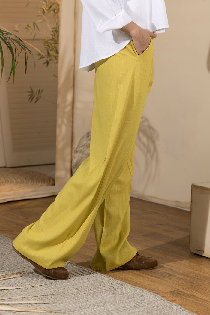 Trousers- Women's Linen Pleated Pants-Yellow