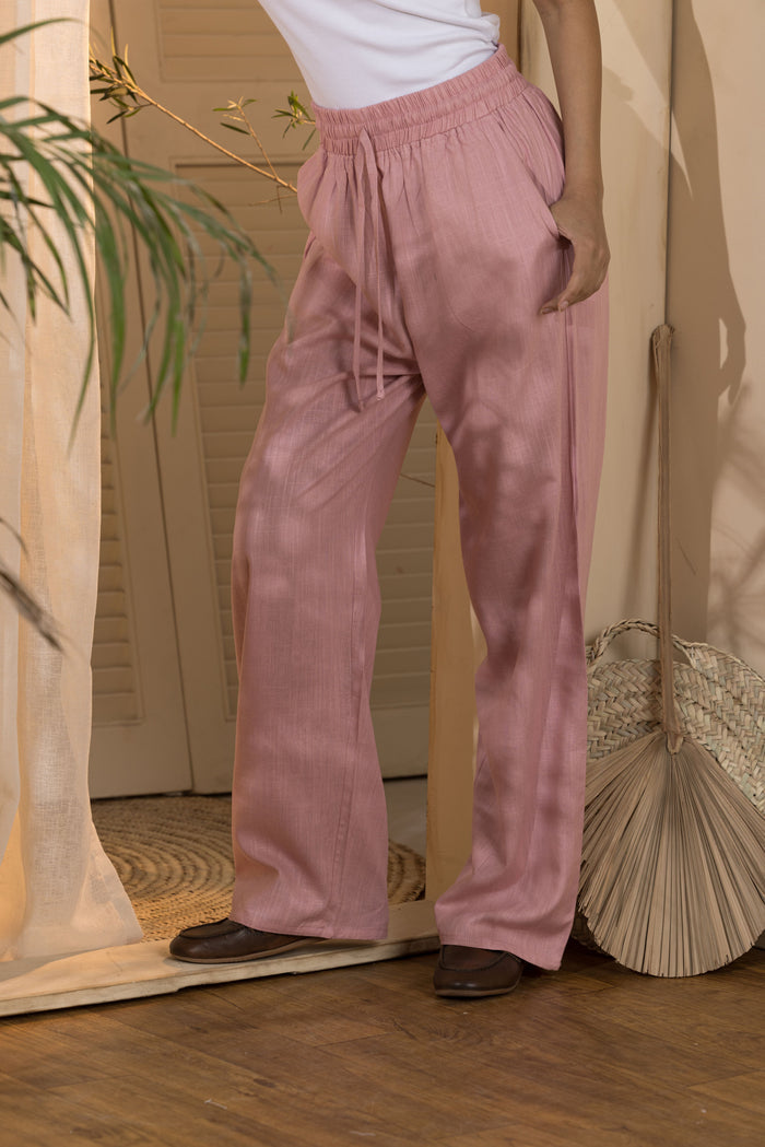 Trousers-Women's Linen Wide Leg Pants-Pink