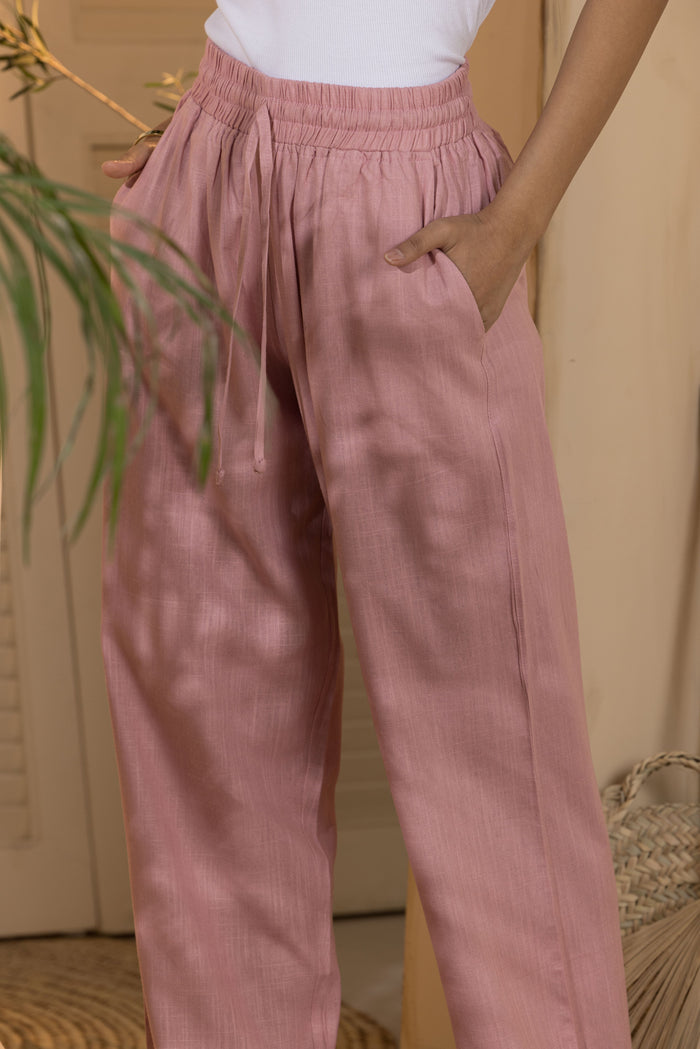 Trousers-Women's Linen Wide Leg Pants-Pink