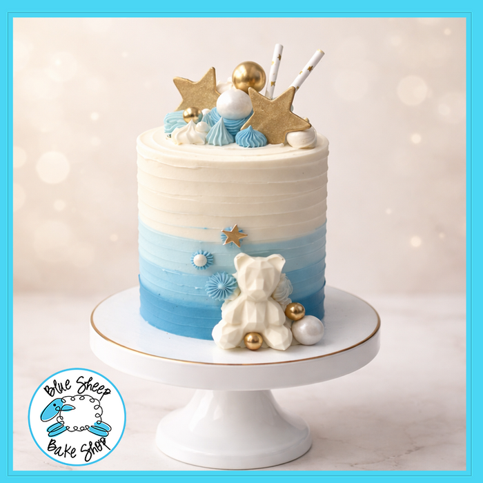 Blue ombré teddy bear birthday cake with gold accents by Blue Sheep Bake Shop in Somerville NJ