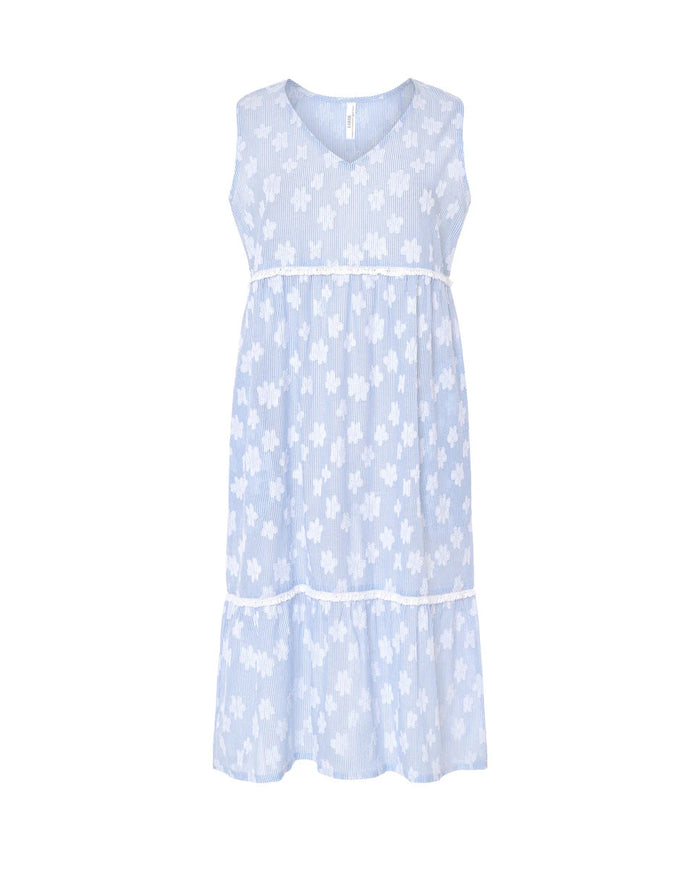 Vestido de baño de mujer corto sin mangas con cuello pico, dibujo flocado flores y puntilla, bolsillos laterales.