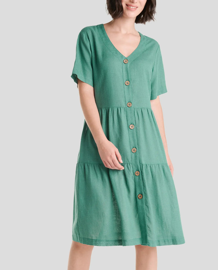 Mujer con Vestido corto de verano verde abotonado sin cuello  y manga corta.