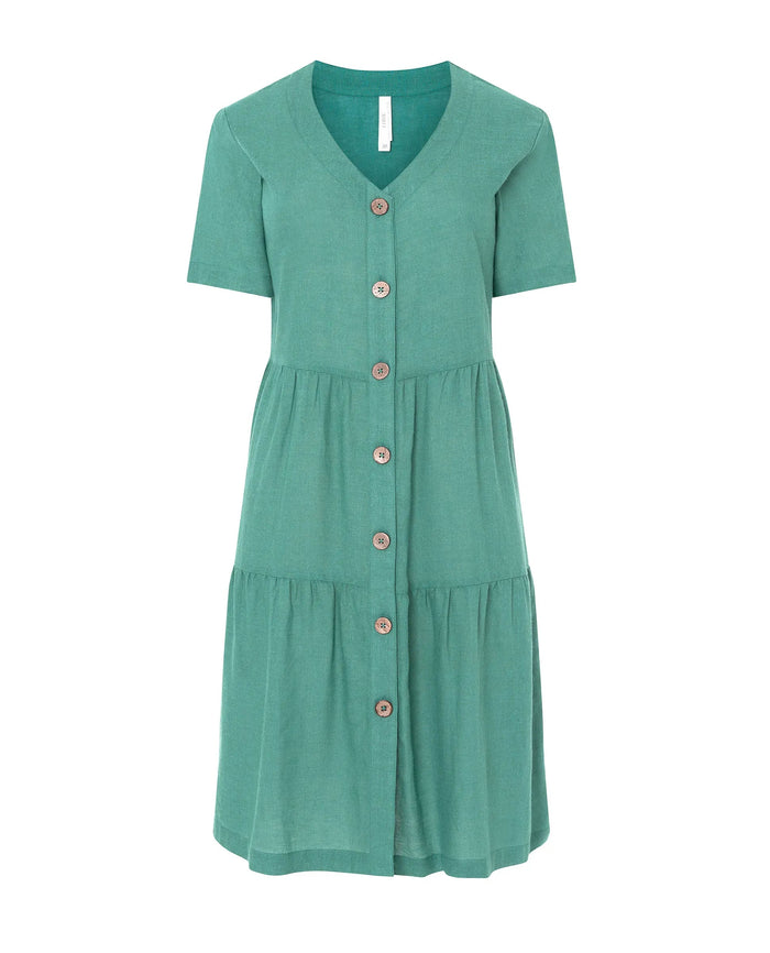 Vestido corto de mujer Lohe, tejido plana viscosa lino, abierto con botones, sin cuello, volante y manga corta.