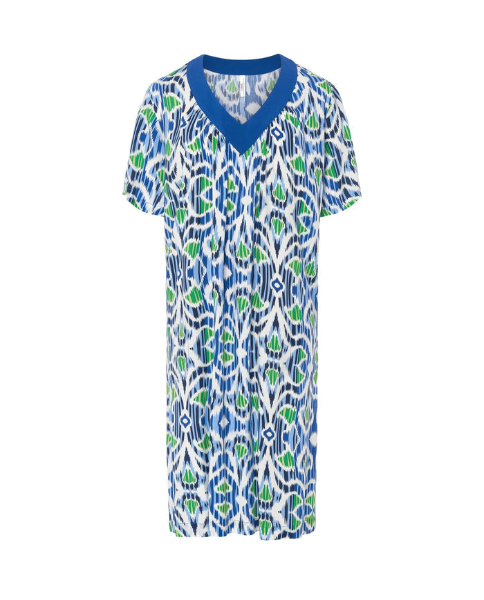 Vestido de baño de mujer corto de manga corta en plana estampado étnico, escote pico ancho y bolsillos laterales.