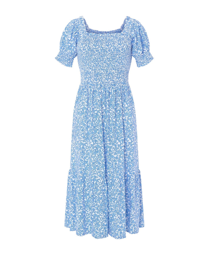 Vestido largo de mujer Lohe, tejido plana viscosa estampado flores, top con nido de abeja, escote cuadrado y manga corta.